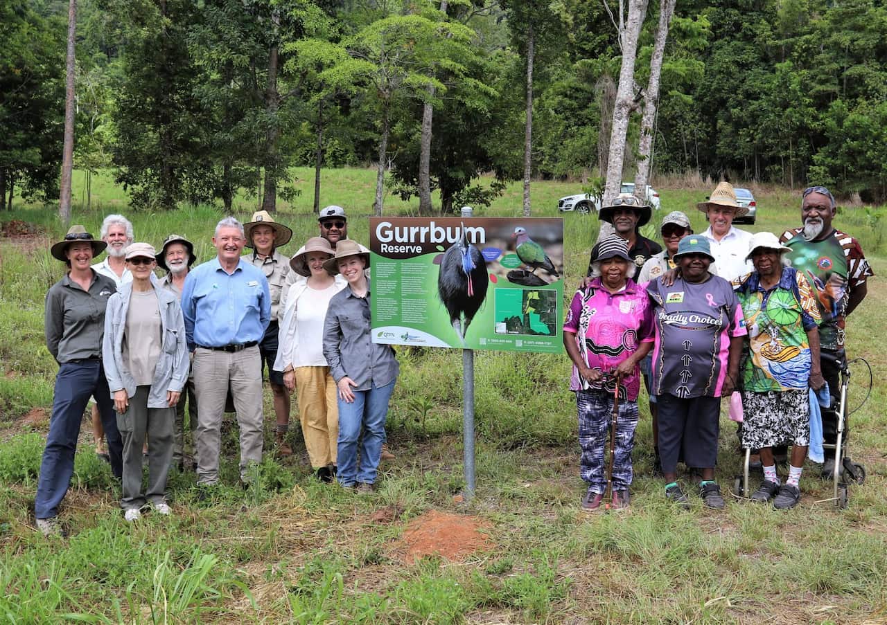 The unveiling of the new Gurrbum Reserve sign on Old Tully Road (Mission Beach)