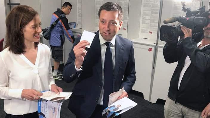 Victorian Leader of the Opposition Matthew Guy and his wife Renae casting their vote ahead of the November 24 state election at a pre-polling booth in his Bullen electorate in Melbourne, Wednesday, November 14, 2018.