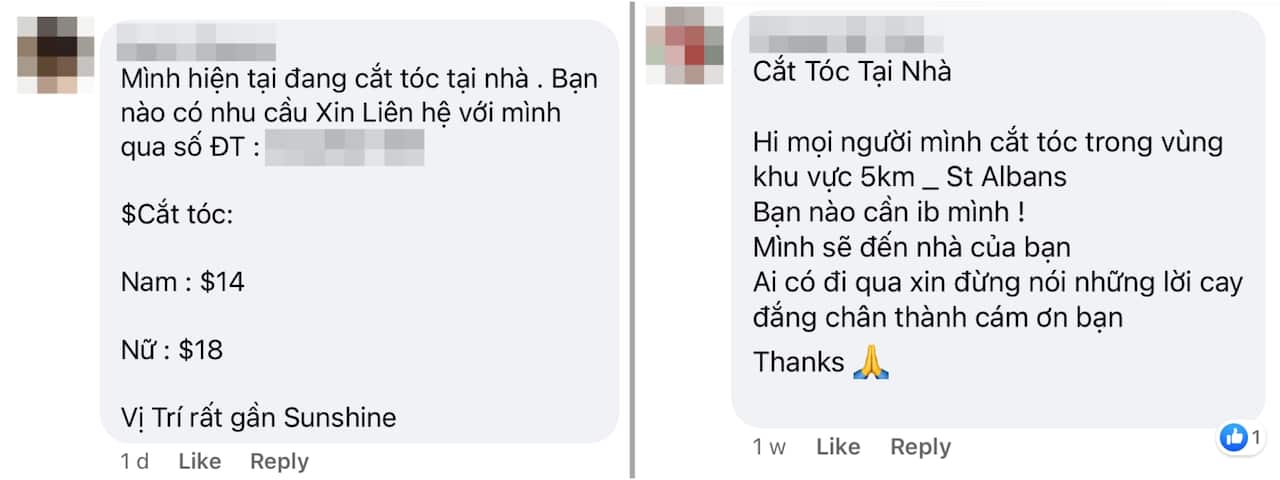 'Illegal' Vietnamese hairdressers offering services on a Facebook group.
