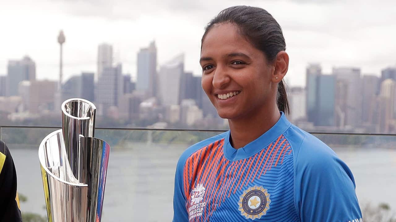 Harmanpreet Kaur of India poses for a photo with the trophy ahead of the Women's T20 World Cup in Sydney