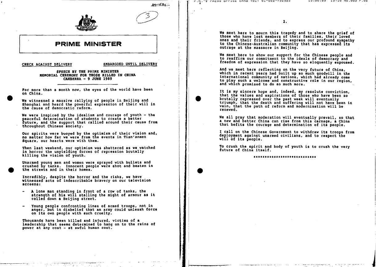 Speech by Bob Hawke, June 9 1989