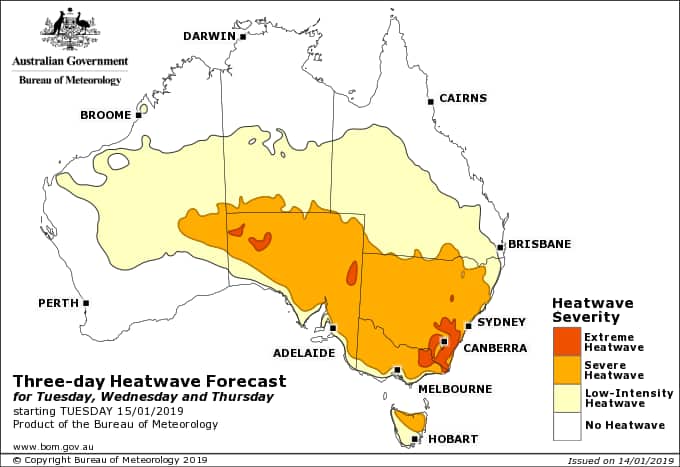 Heatwave Situation for Tuesday, Wednesday, & Thursday (3 days starting 15/01/2019)