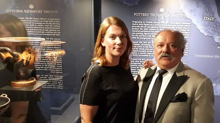 Sarah Craig, curator at the Hellenic Museum with George Koumantatakis. 