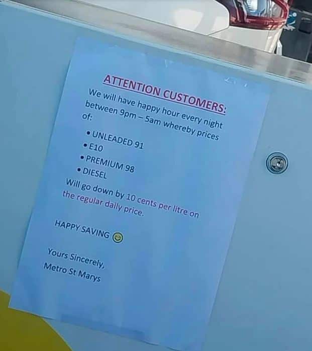 The franchisee left the note out for customers alerting them to the petrol happy hour