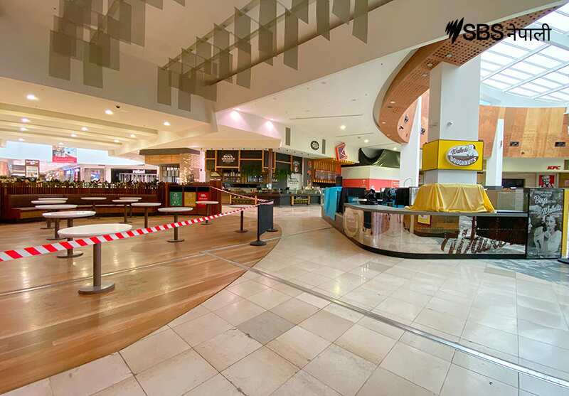 Empty food court in a shopping centre in Melbourne.
