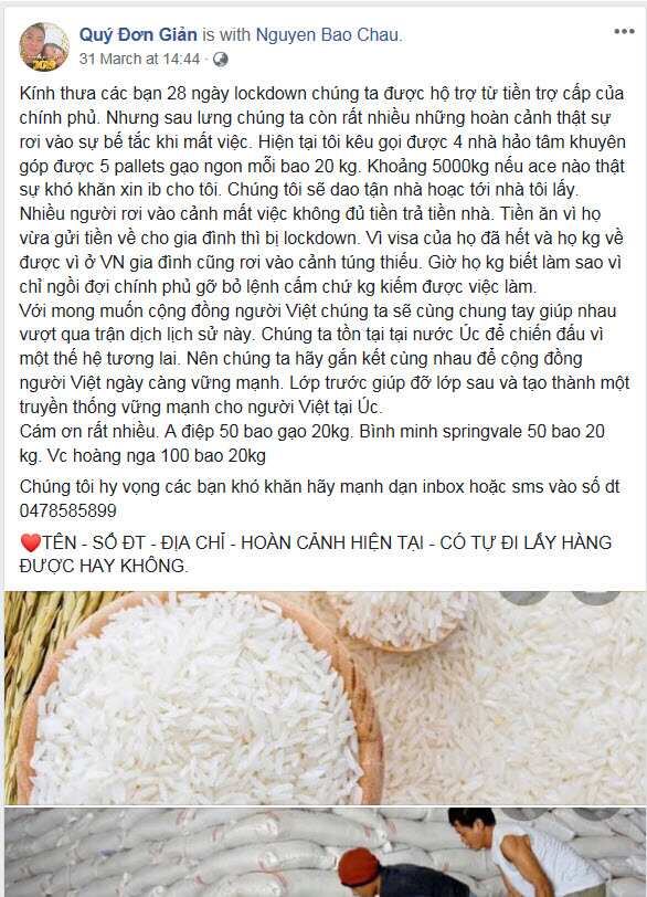 Chia sẻ trên Facebook của anh Qúy về việc phát gạo cho người khó khăn.