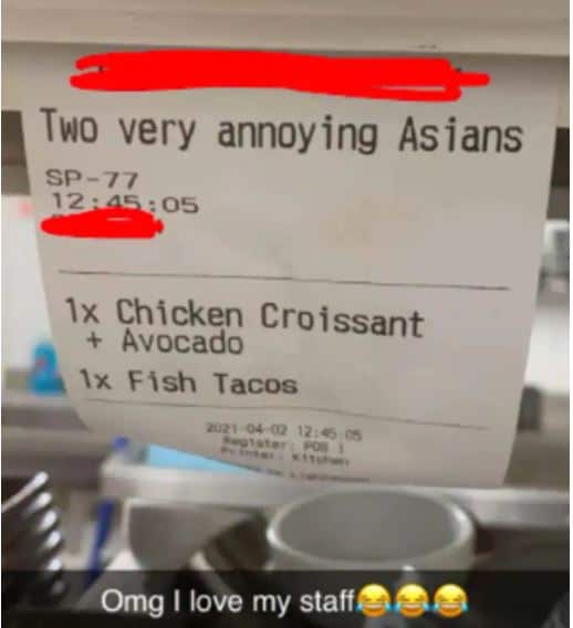 Một địa điểm ở Brisbane bị chỉ trích dữ dội sau khi phiếu hóa đơn ghi "Two very annoying Asians" được đăng tải lên mạng xã hội