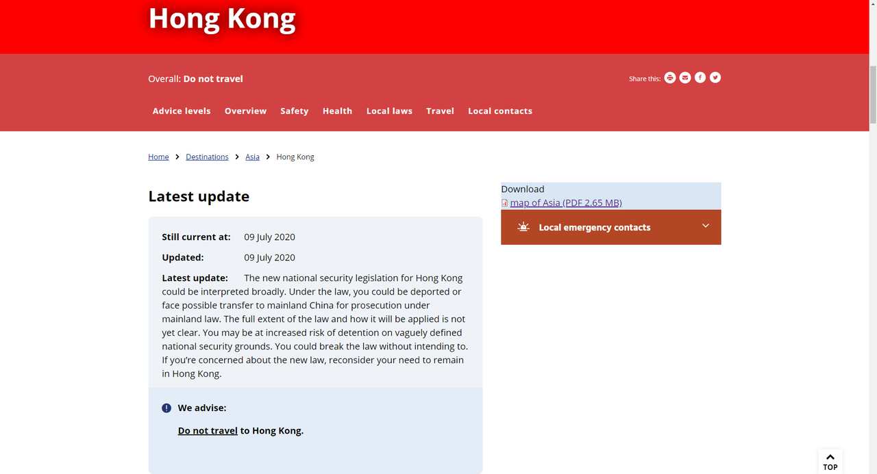 Australia Government upgrades travel advice for Hong Kong