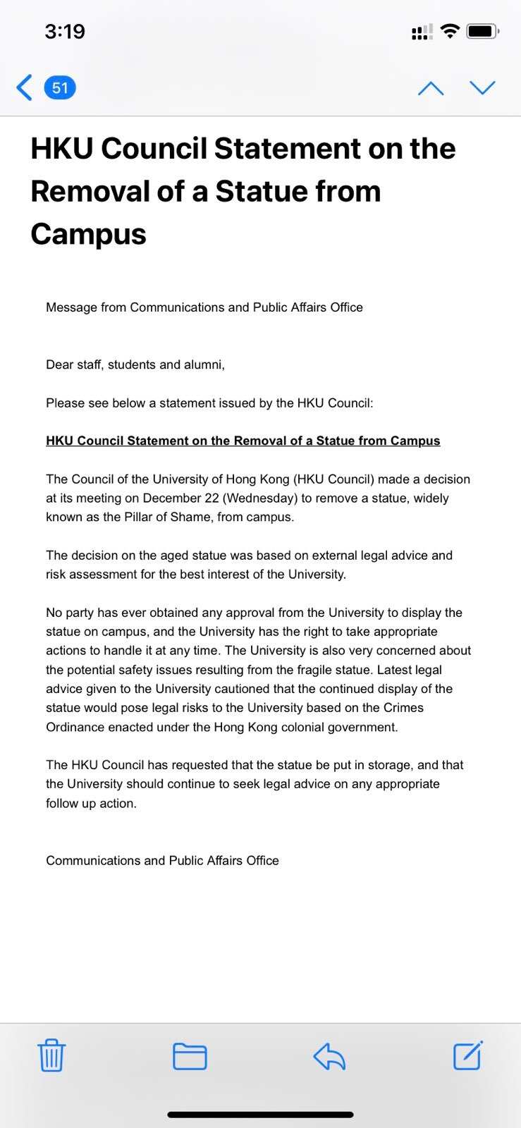 HKU Council Statement on the Removal of a Statue from campus.