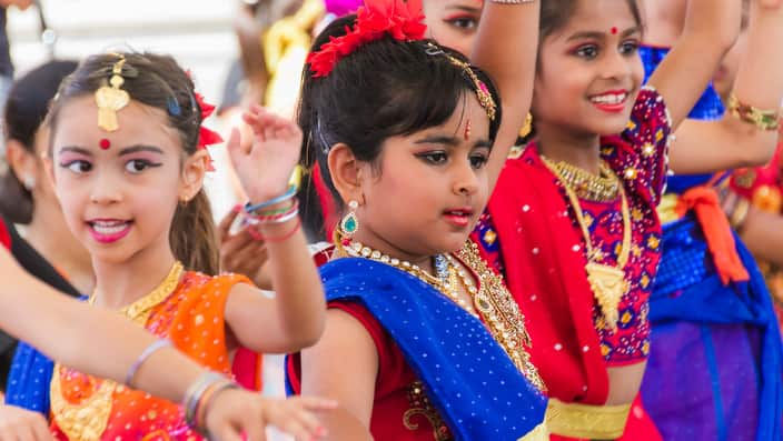 Young dancers perform at the annual Holi Mahotsav Festival in Darling Harbour, Sydney, on Sunday March 23, 2014. (AAP Image/CrowdSpark/TERESA PARKER). NO ARCHIVING, CROWD SOURCED CONTENT, EDITORIAL USE ONLY