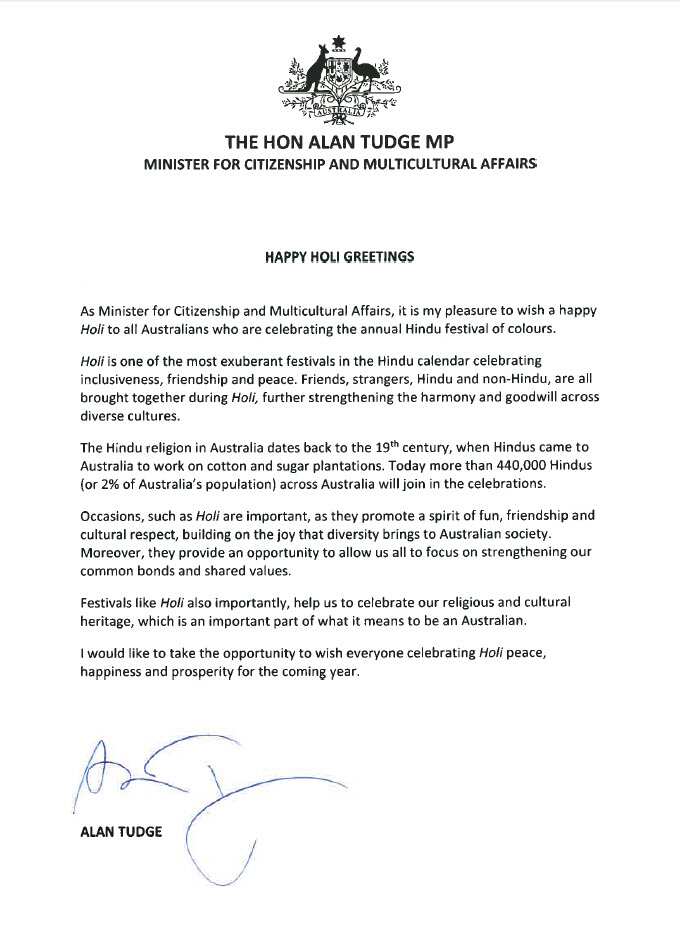 Holi greetings from Minister for Citizenship and Multicultural Affairs Alan Tudge