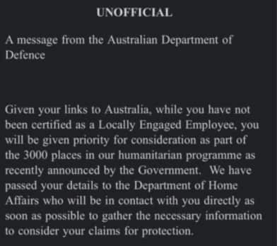 متن نامه‌ای که وزارت دفاع آسترالیا به نوید فرستاده بود و در آن گفته بود که به او در برنامه بشردوستانه اولویت داده می‌شود.