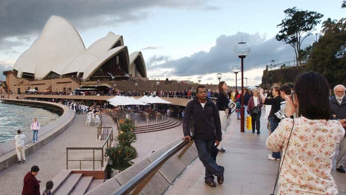 Tourists visiting Sydney's world famous icons, the Sydney Harbour Bridge and the Sydney Opera House