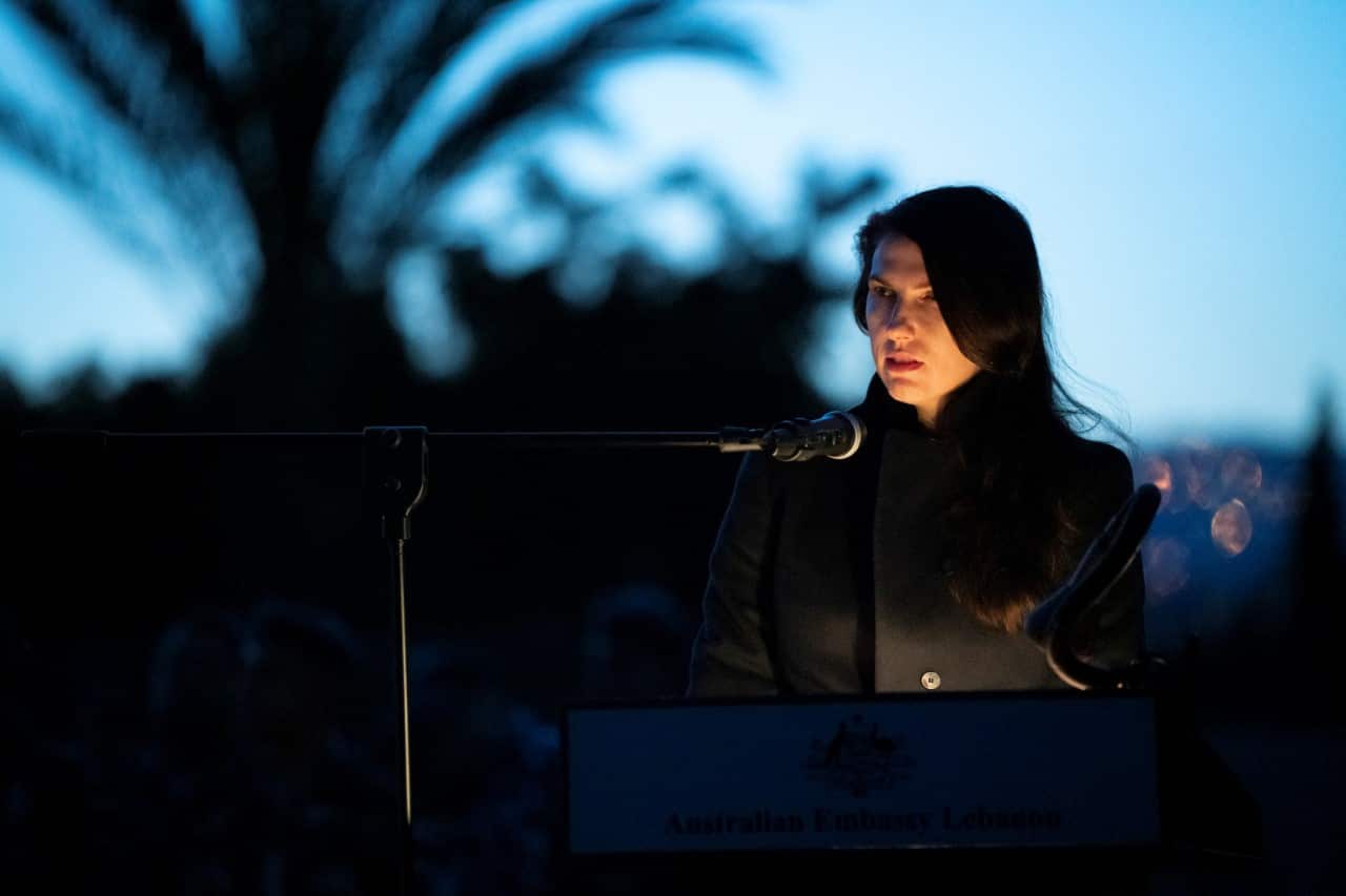 Australian Ambassador Rebekah Grindlay delivers an ANZAC Day address at dawn on 25 April 2019, Beirut War Cemetery.