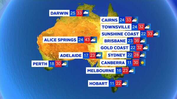 Temperature highs and lows forecast around Australia today (9news)