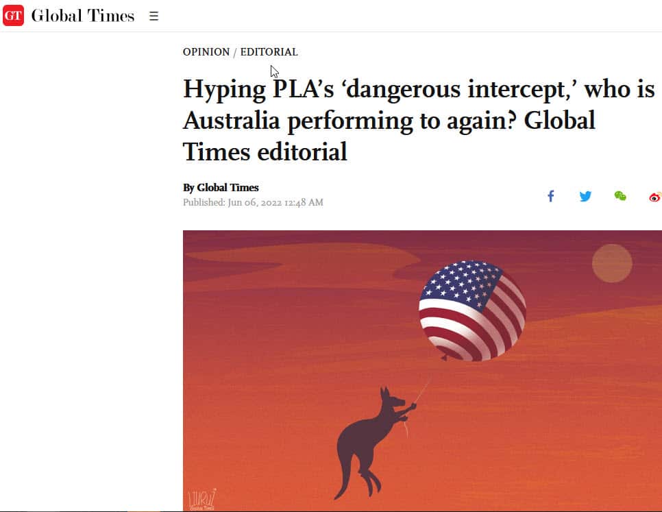 中國官媒「環球時報」發表社評，指澳洲「炒作」軍機攔截事件。
