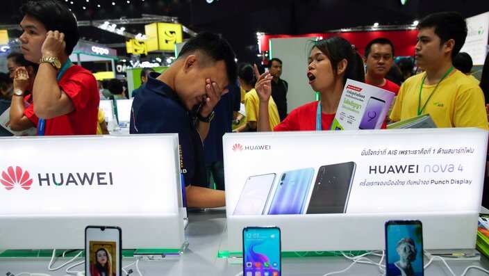 Huawei phones are on sale at the Thailand Mobile Expo 2019 on Thursday in Bangkok.