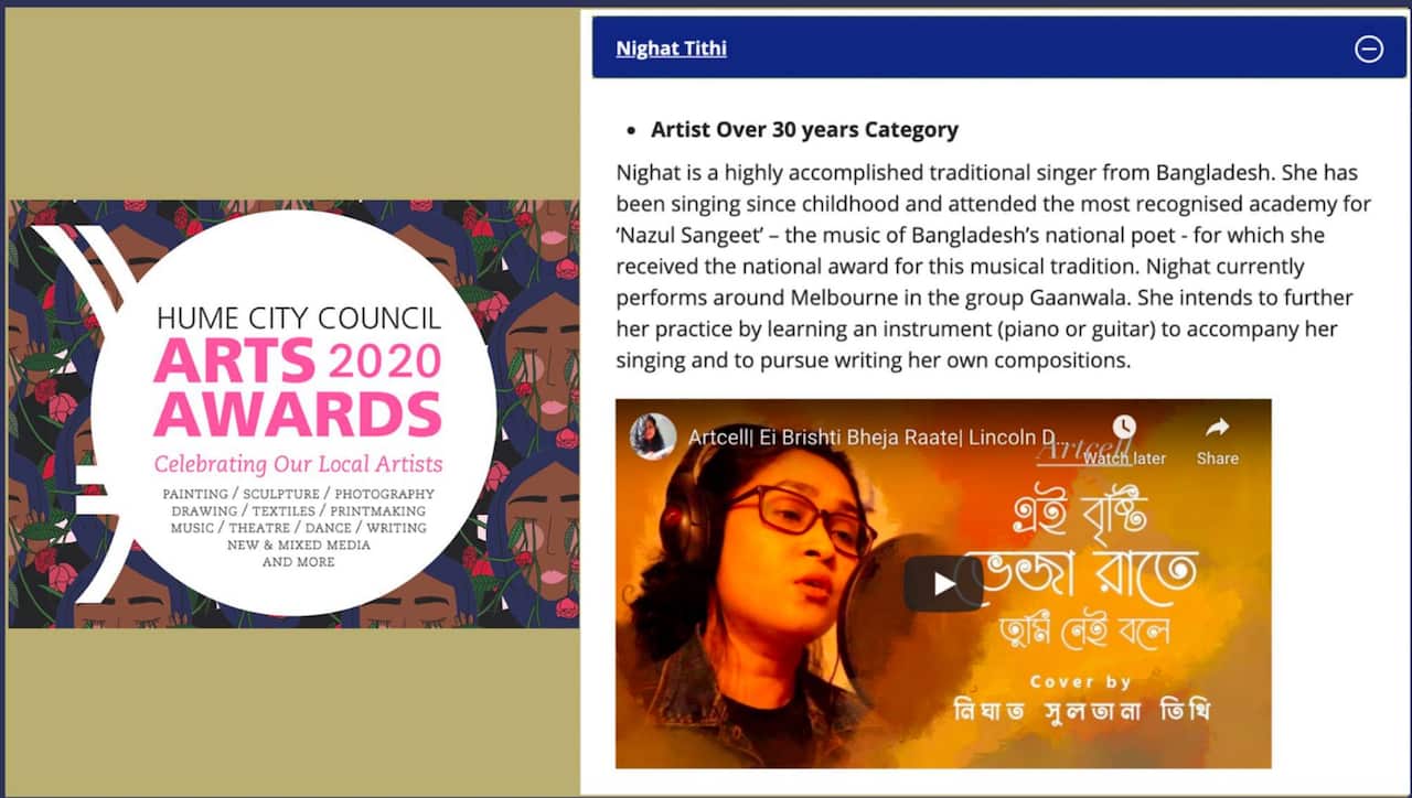 Nighat Sultana Tithi received Hume City Arts Award 2020