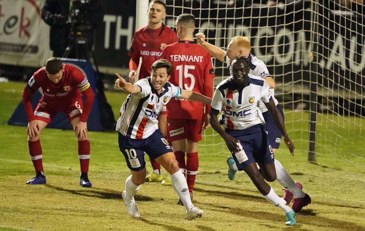 Central Coast's Abraham Majok celebrated after scoring the winning goal during the FFA Cup Quarter Final Hume City