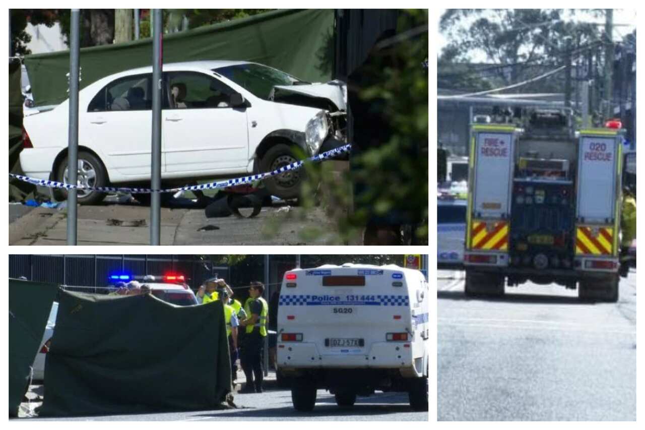 A car is seen lodged into a fence at Hurstville Public School. 