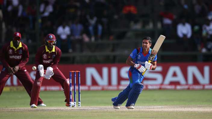 Najibullah Zadran of Afghanistan scores runs during The ICC Cricket World Cup Qualifier between The Windies and Afghanistan at The Harare Sports Club on March 1