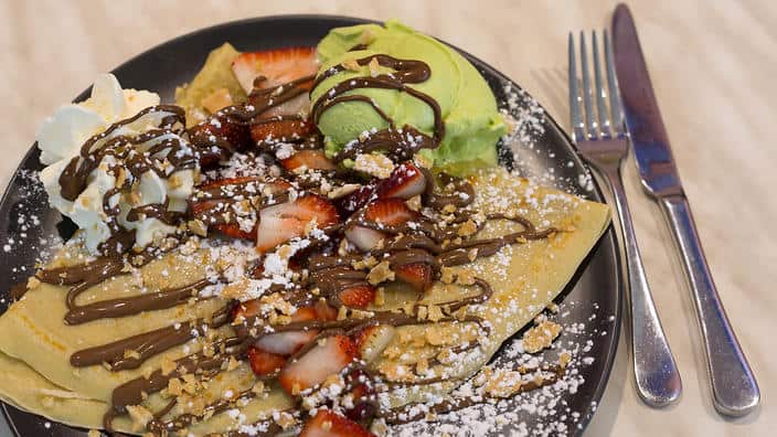 Crepes with pistachio ice cream and fresh strawberries at Ice Cafe Venezia.