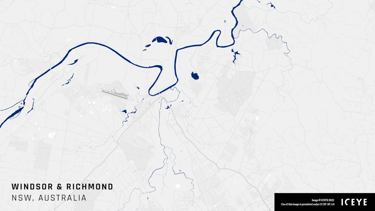 • The animations show the comparison between water levels during normal conditions, and then the status of these areas when ICEYE’s initial release of flood depth analysis was finalized on July 4.