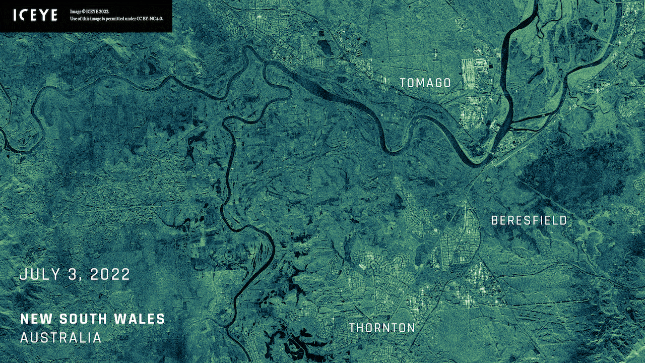 satellite photo animation showing a before (July 3) and after (July 6) of the flooding near Tomago, Beresfield and Thornton, not too far from Newcastle.