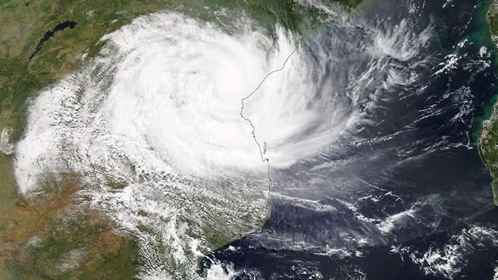 A satellite image of cyclone Idai as it hits Mozambique