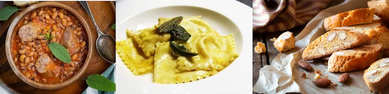 Fagioli all'uccelletto, tortelli alla maremmana e cantucci sono alcune delle specialità toscane preparate da Matteo Piccardi nella sua cucina di Bateau bay