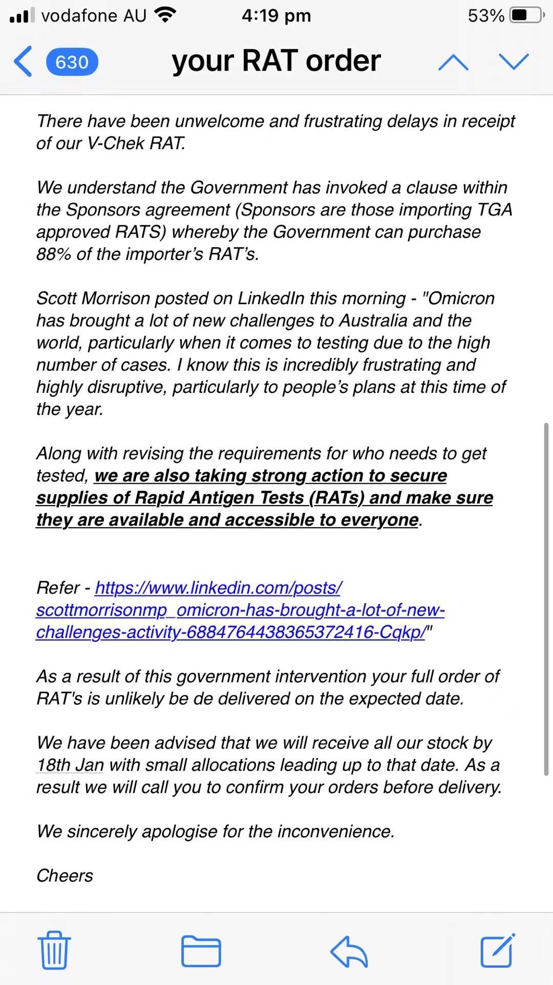 A message claims that Federal Government can purchase 88% of the importer's RATs under Sponsors agreement.