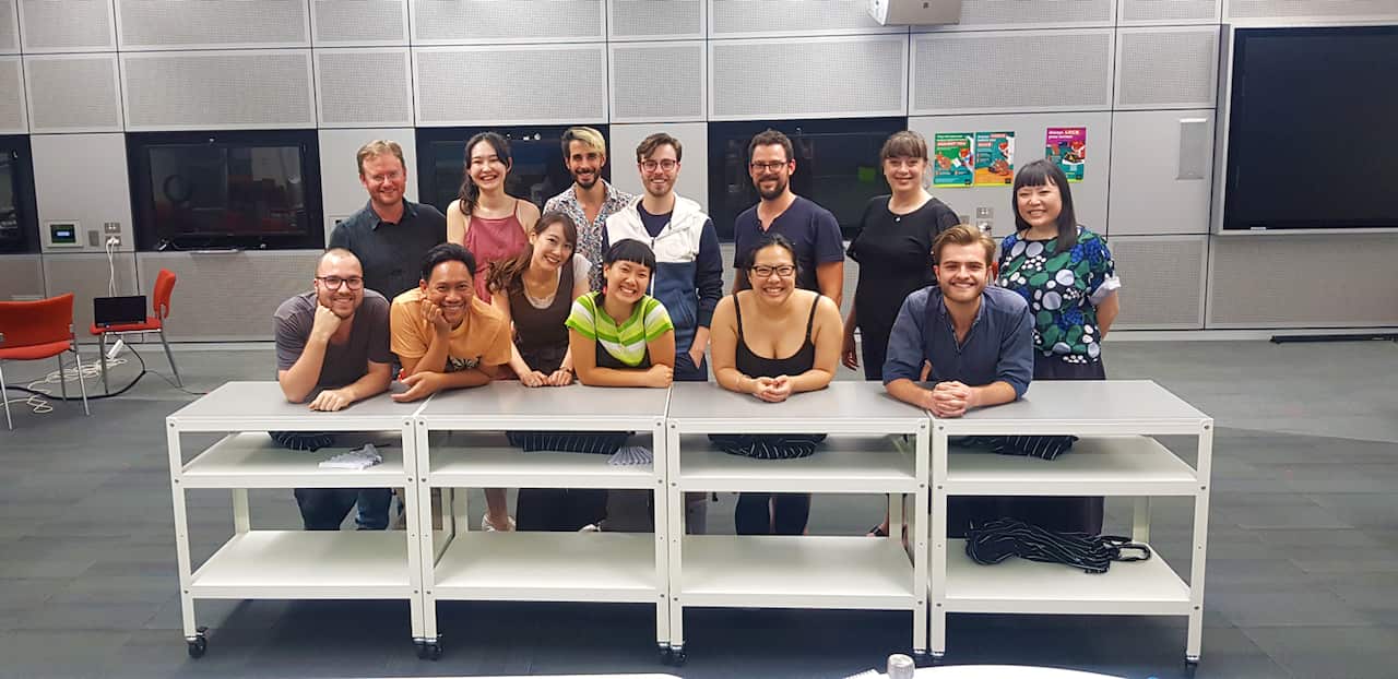 Ayako Ohtake (Front, third from left), a Sydney-based Japanese soprano singer, will appear on the modern opera titled "Chop Chef."  With other cast and staff.
