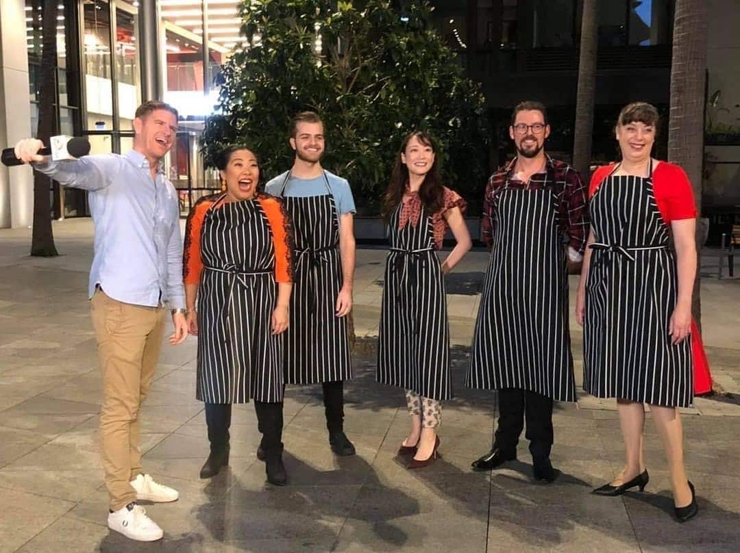 Ayako Ohtake (Front, third from left), a Sydney-based Japanese soprano singer, will appear on the modern opera titled "Chop Chef."  With other cast and staff.