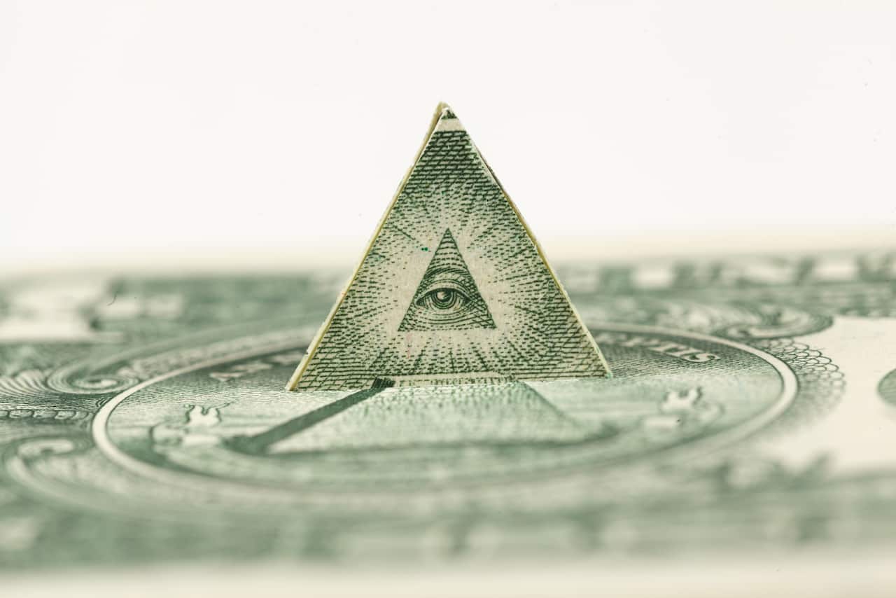 Abdullah M. I. Syed, Pahar/Jabal (Mountain), from Divine Structure series, 2021  handcut banknotes, acrylic mirror and wood, dimensions variable,  Image courtesy the artist and Gallery Sally Dan Cuthbert. Photograph Abdullah M I Syed