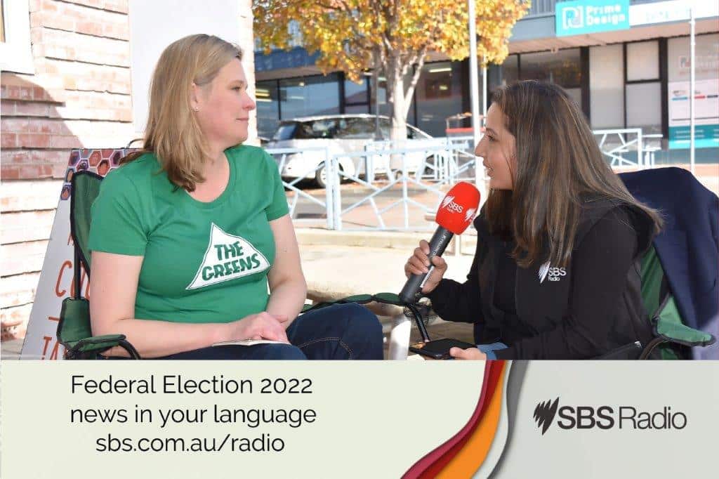 Janet Shelley (L), The Greens Candidate for Clark for Tasmania and Sunita Pokharel (R) from SBS Nepali at the 2022 Election Exchange program in Tasmania.
