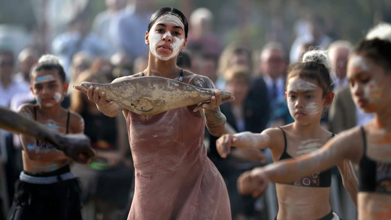 Buja Buja dance troupe performs during the Wugulora Indigenous Morning Ceremony in Sydney