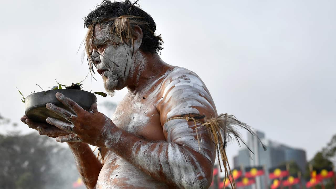 The Everett Dancers from Pakana/Palawa perform at the University of Tasmania Stadium AAP Image/Tracey Nearmy