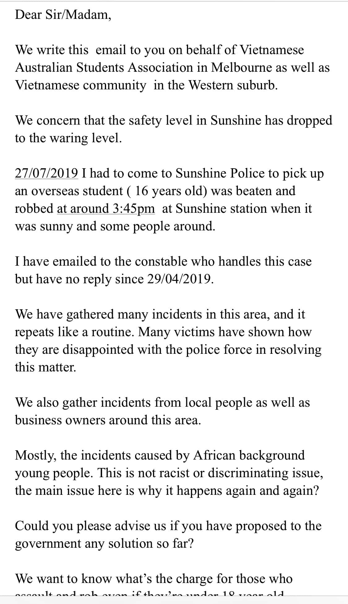 A letter to Sunshine police