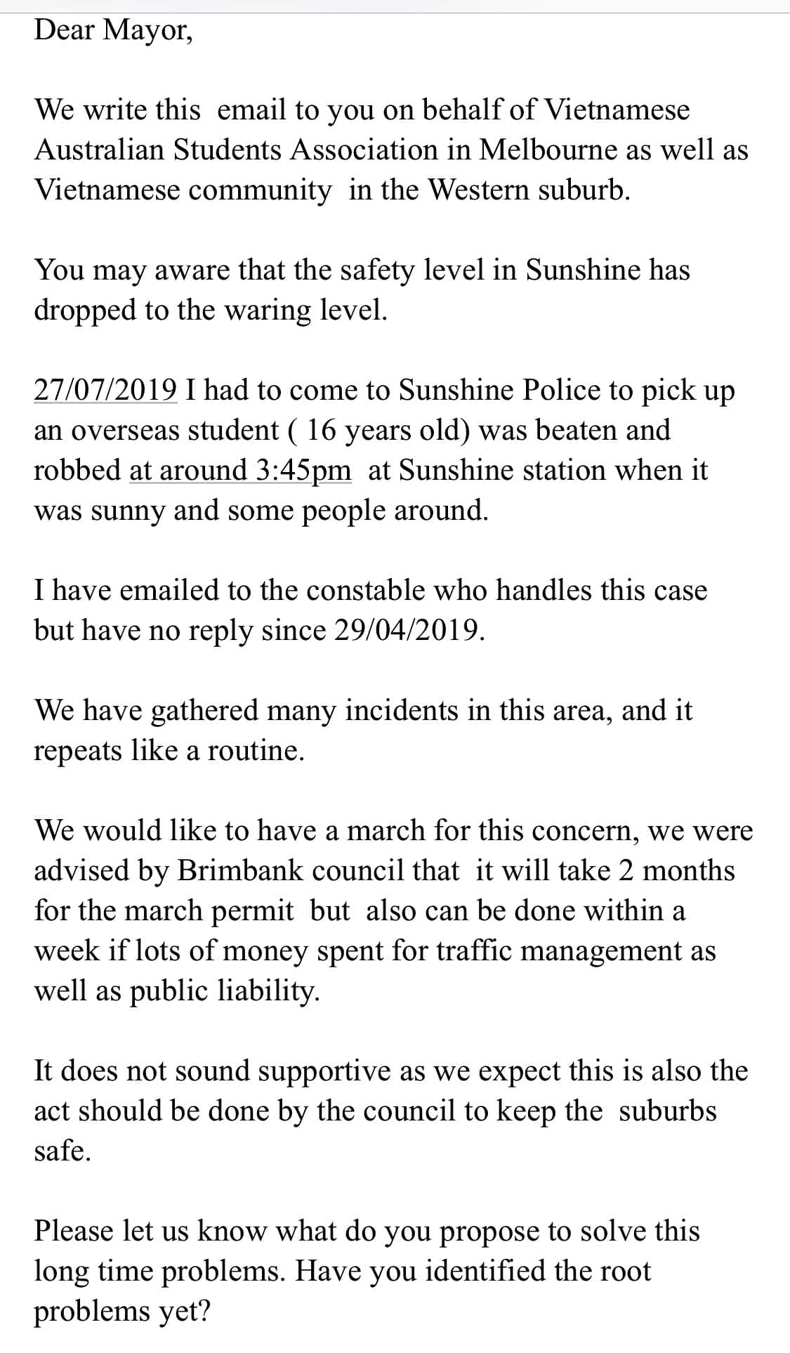 A letter to Brimbank council