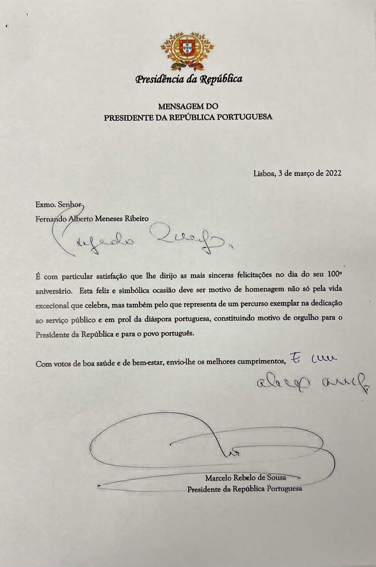 2022: Carta do Presidente da República Portuguesa dirigida a Fernando pela data do seu aniversário