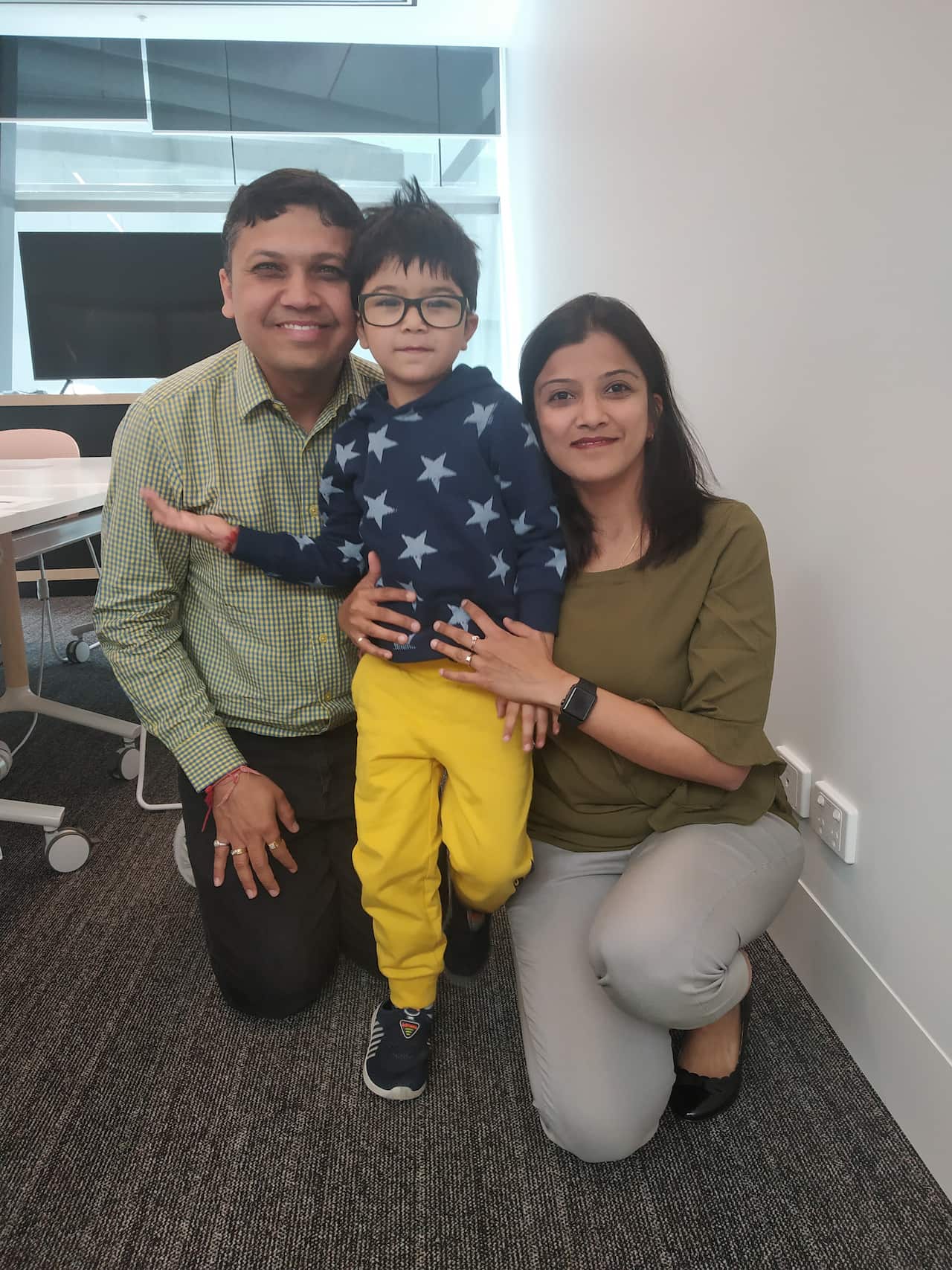 Ayaan with his parents Milan and Himali Shah at SBS Studio in Melbourne