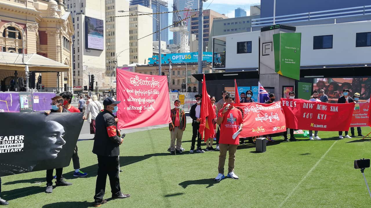 Protesters gathered in Federation Square on Saturday, 28 Feb 2021