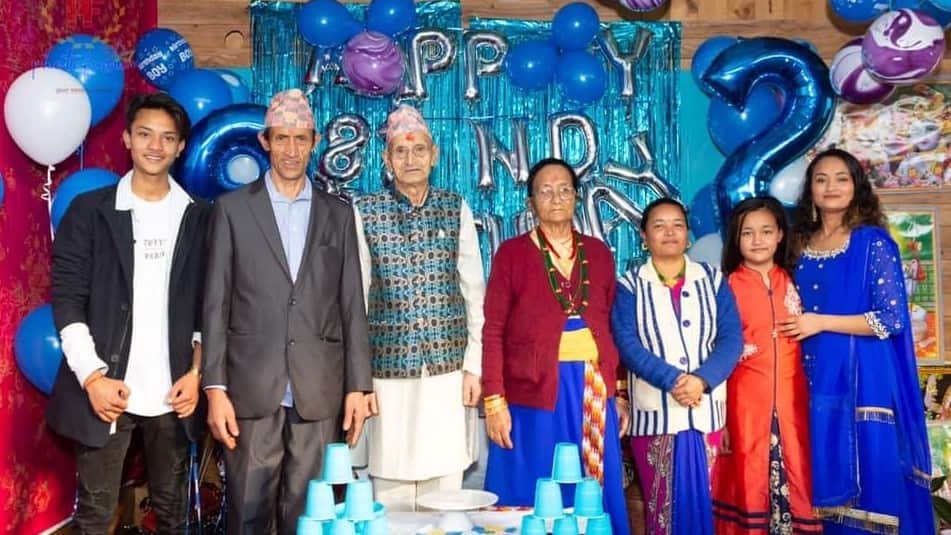 82nd birthday celebration of Ashna's (first from right) late grandfather Chandra Bir Thapa (third from left).