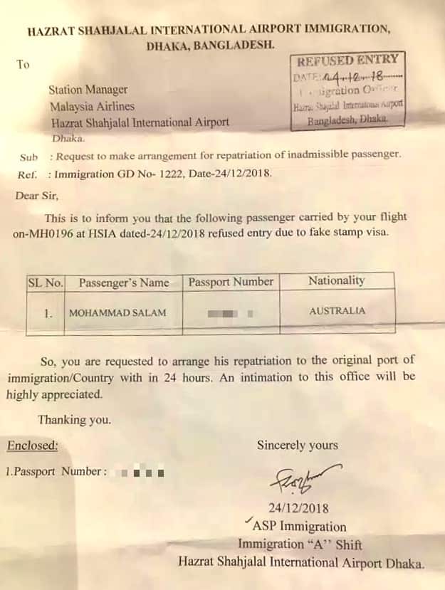 Document given to Mohammad Salam by authorities at Dhaka airport.