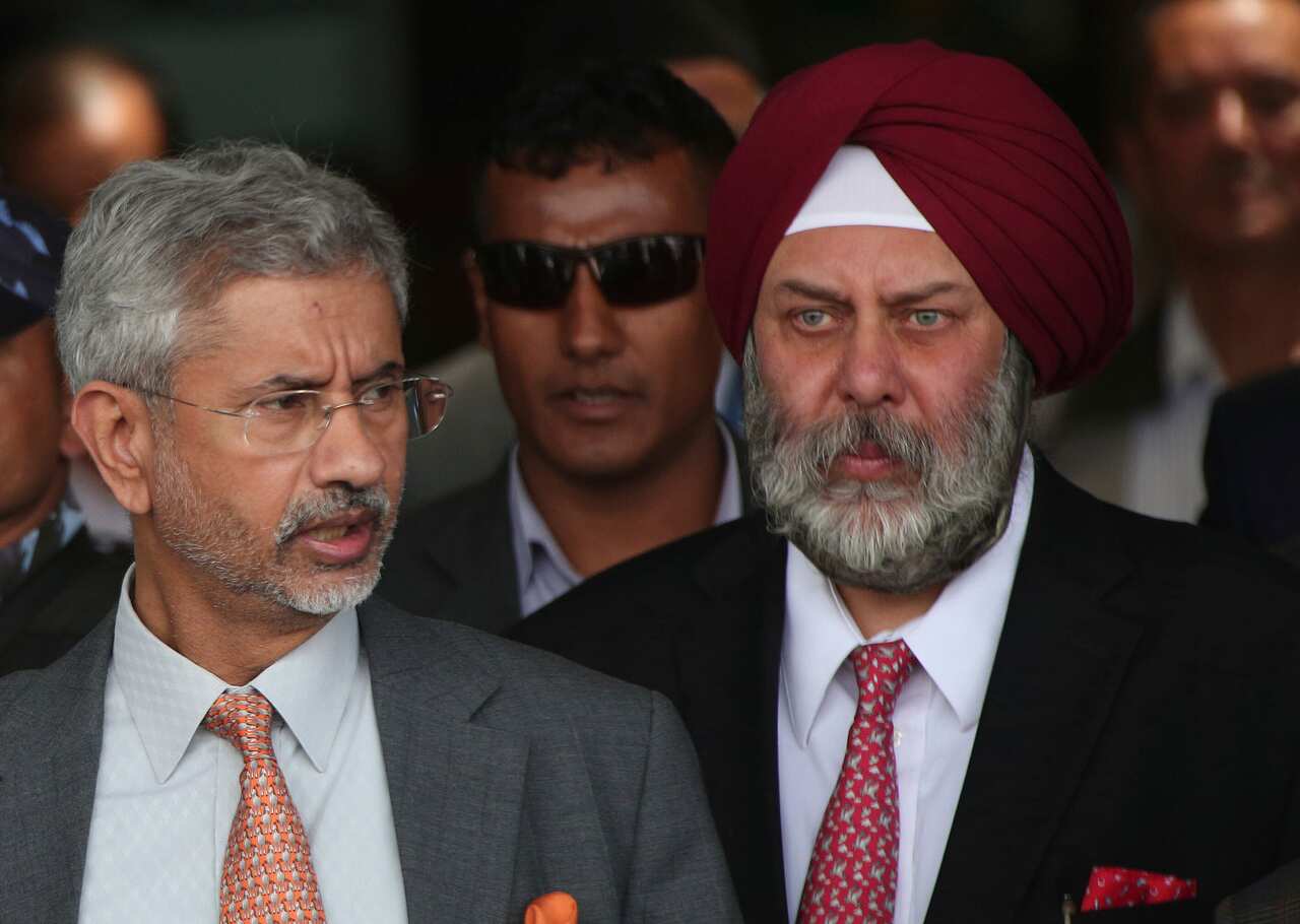 India's Foreign Minister Subrahmanyam Jaishankar, left, arrives in Kathmandu, Nepal, Wednesday, Aug. 21, 2019. (AP Photo/Niranjan Shrestha)