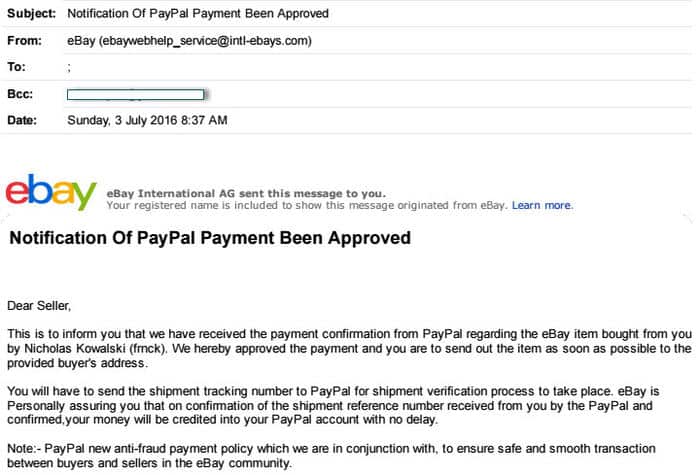An email Iqbal supposedly received from Ebay