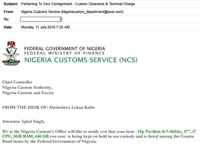 An email supposedly from Nigeria Customs Service, demanding a payment of $420 US