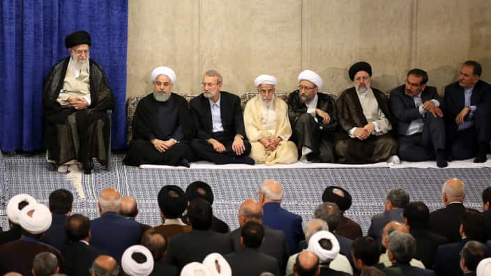 Iranian Supreme Leader Ayatollah Ali Khamenei and Iranian President Hassan Rouhani (L-2), parliament speaker Ali Larijani (L-3), and the rest of Iranian government during a ceremony in Tehran, Iran, 14 May 2019