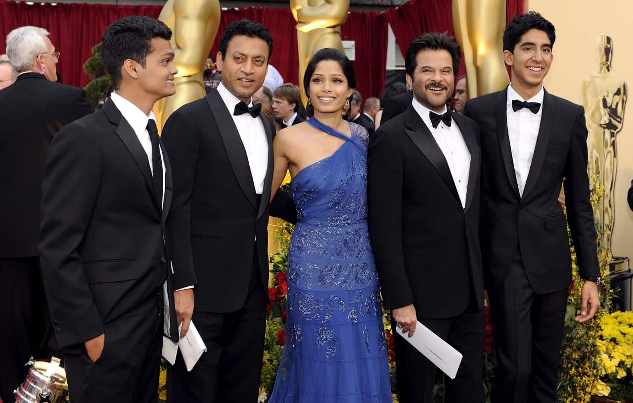 Indian actors (R-L) Dev Patel, Anil Kapoor, Freida Pinto, Irrfan Khan, Madhur Mittal pose on the red carpet for the 81st Academy Awards