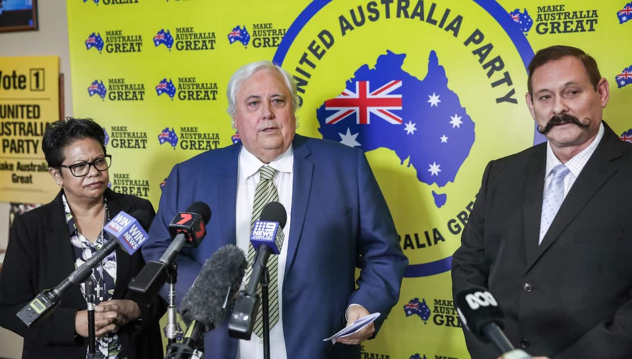 Federal Leader of the United Australia Party Clive Palmer, addresses the media during a press conference.